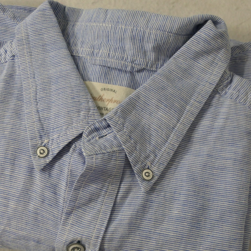 Weatherproof Vintage Mens Shirt M Blue Striped Linen Blend Coastal Casual Preppy - Picture 9 of 9